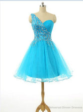 Short Blue Cocktail Dresses Tulle Beaded Knee Length Cocktail Dress